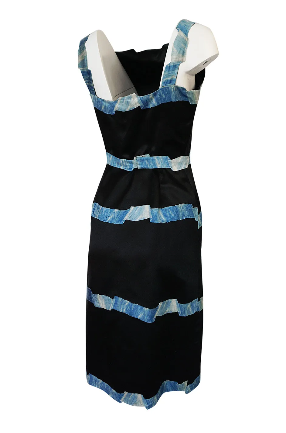 1950s Pauline Trigere Blue Ribbon Printed Black Silk Dress