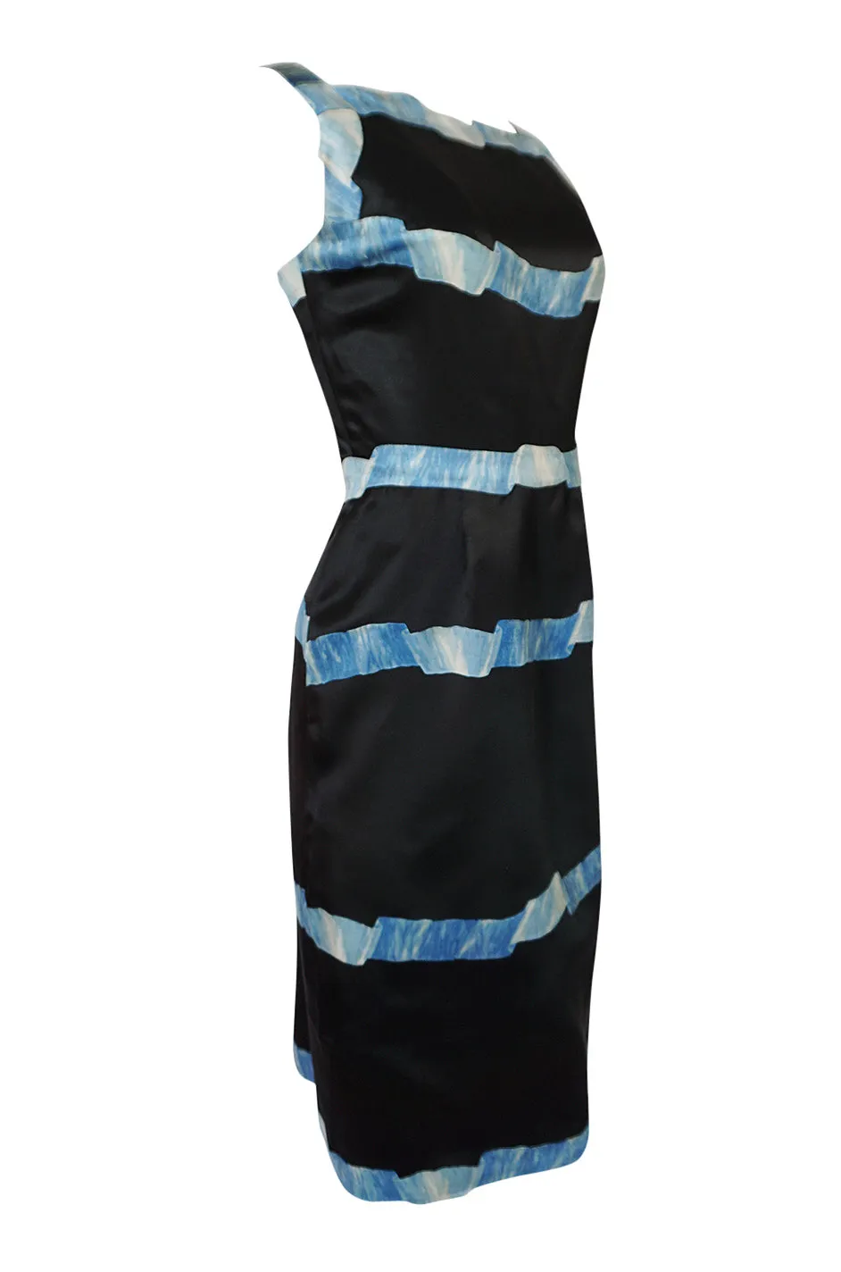 1950s Pauline Trigere Blue Ribbon Printed Black Silk Dress