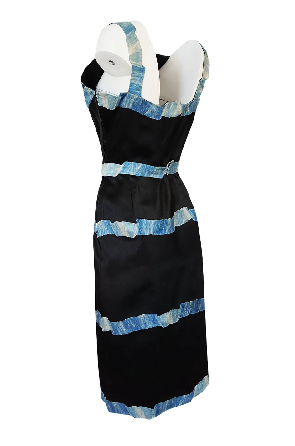 1950s Pauline Trigere Blue Ribbon Printed Black Silk Dress