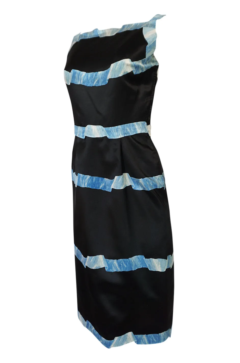 1950s Pauline Trigere Blue Ribbon Printed Black Silk Dress