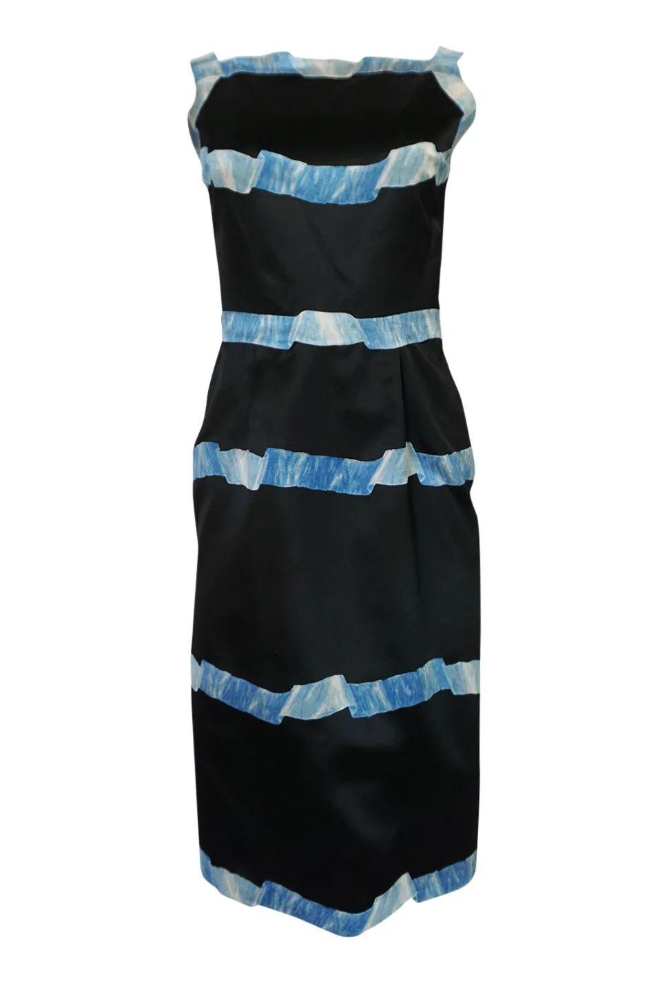 1950s Pauline Trigere Blue Ribbon Printed Black Silk Dress