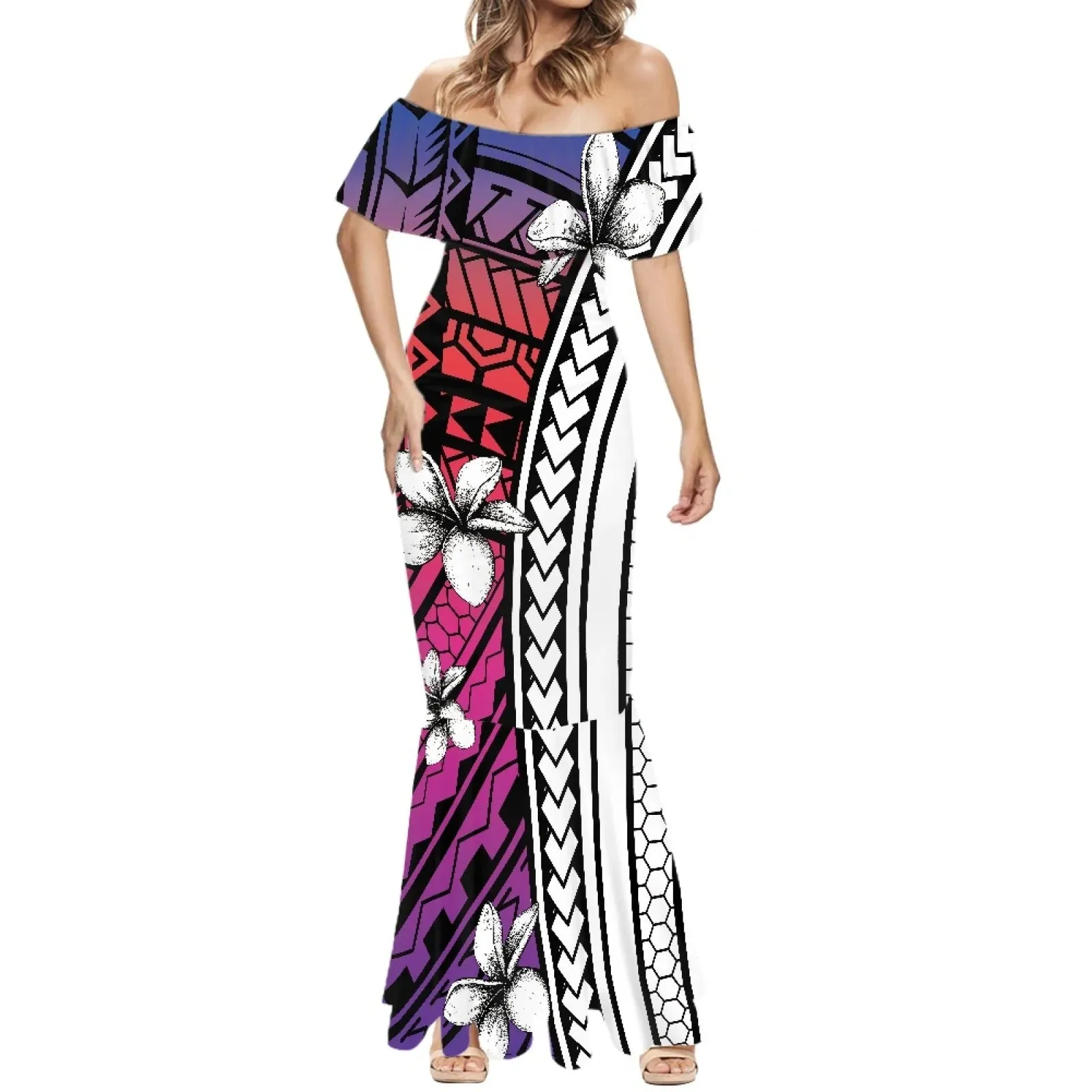 1pc Customized Hawaiian Print Women's 2024 Summer Dress Off The Shoulder Short Sleeve Shawl Casual Party Bodycon Mixi Dresses