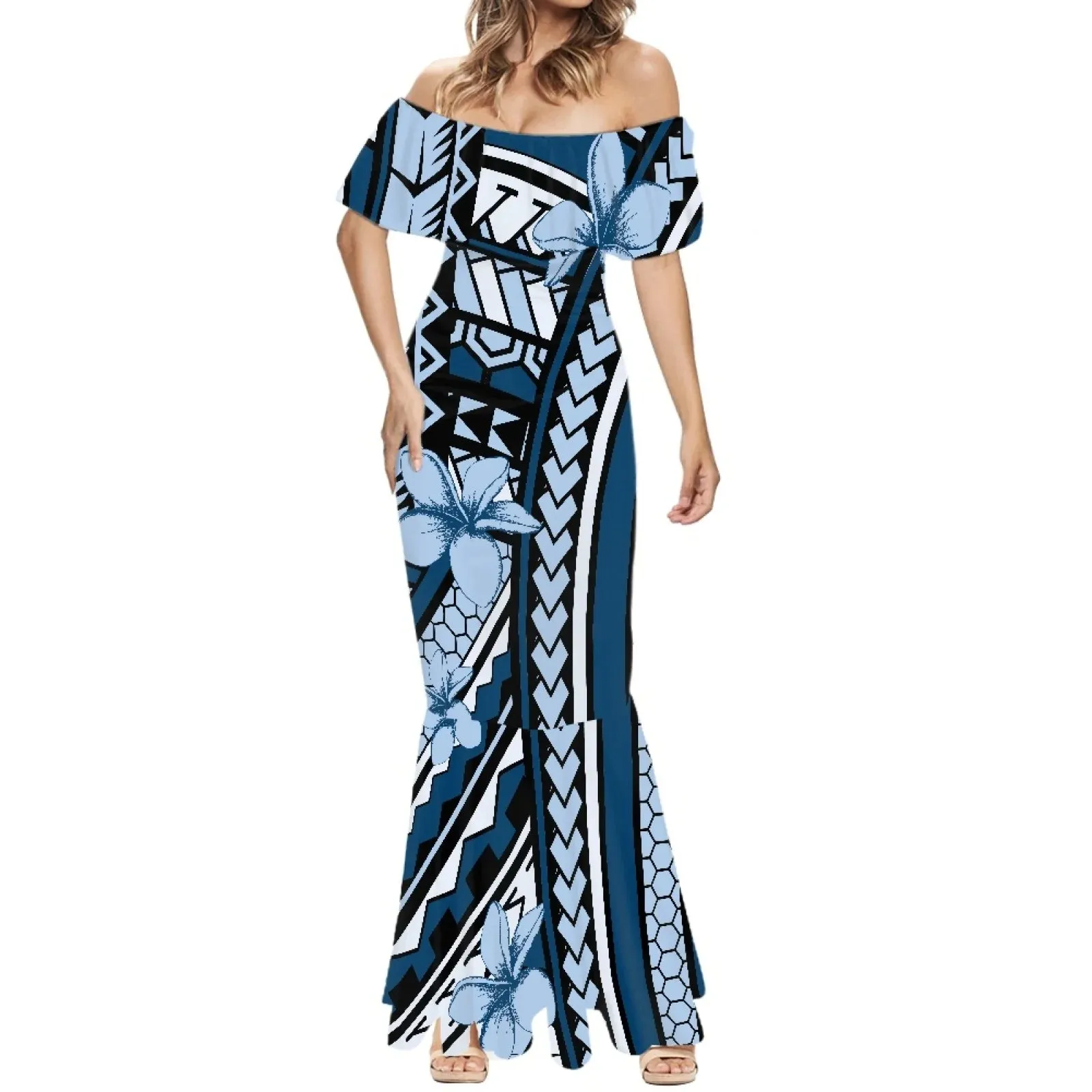 1pc Customized Hawaiian Print Women's 2024 Summer Dress Off The Shoulder Short Sleeve Shawl Casual Party Bodycon Mixi Dresses