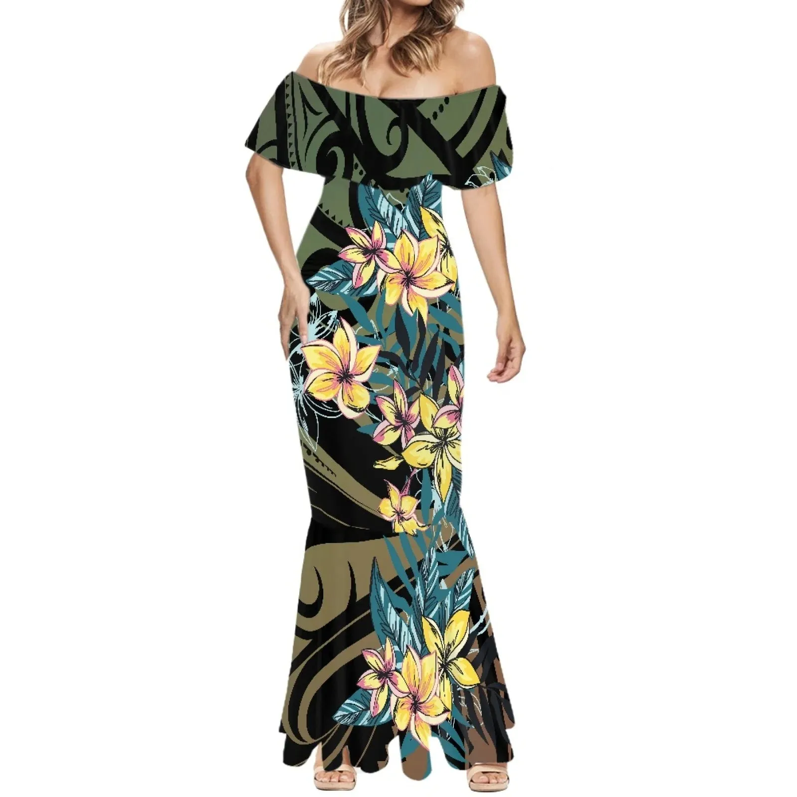 1pc Customized Hawaiian Print Women's 2024 Summer Dress Off The Shoulder Short Sleeve Shawl Casual Party Bodycon Mixi Dresses