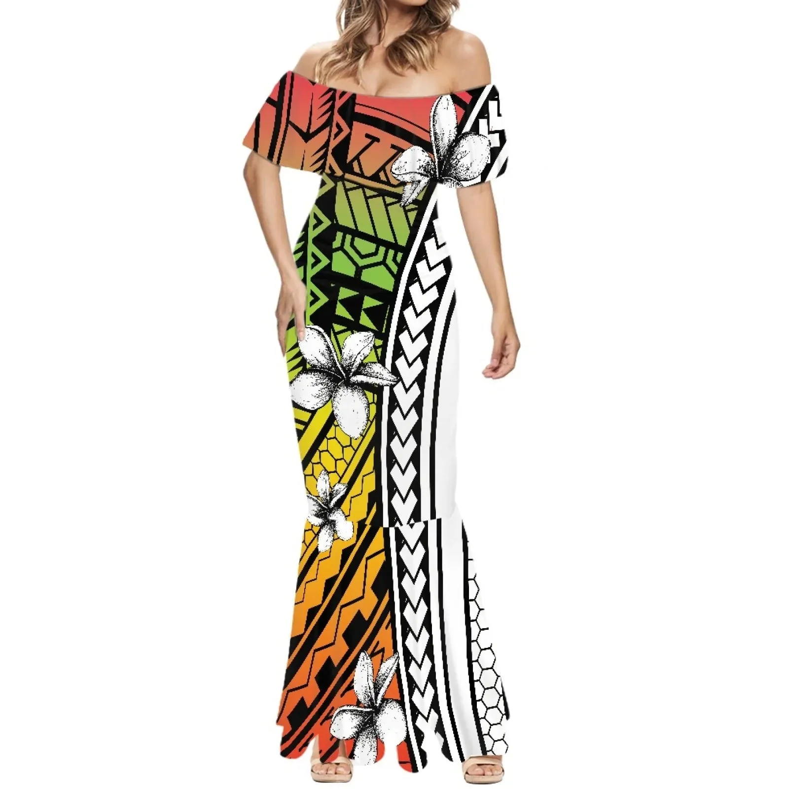 1pc Customized Hawaiian Print Women's 2024 Summer Dress Off The Shoulder Short Sleeve Shawl Casual Party Bodycon Mixi Dresses