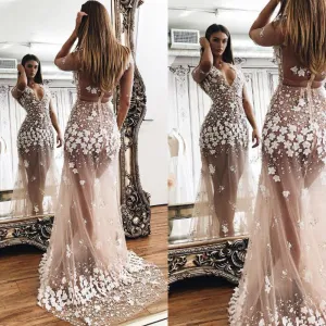 3d flower mermaid evening dresses long sleeve sheer sexy beaded champagne luxury evening gown vestido de festa