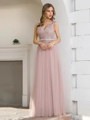 A-Line Evening Gown Elegant Dress Wedding Guest Floor Length Sleeveless V Neck Satin V Back with Sash  Ribbon Sequin