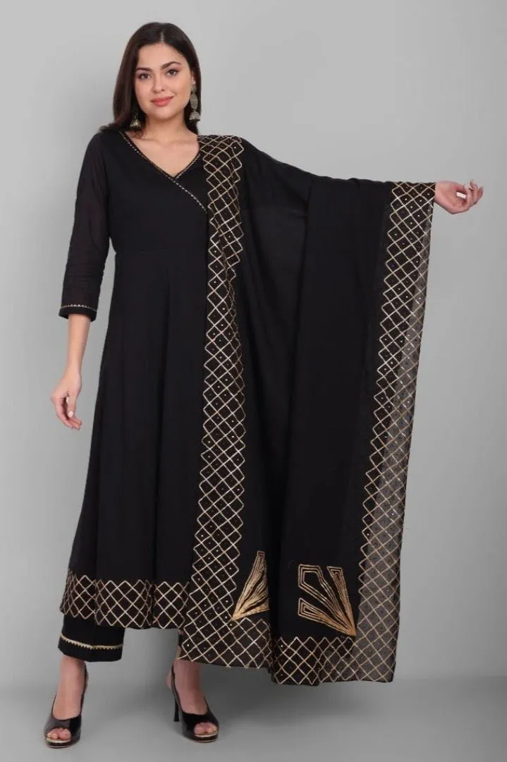 Amreen Gold and Black Angrakha with Handwork Dupatta - Set of 3