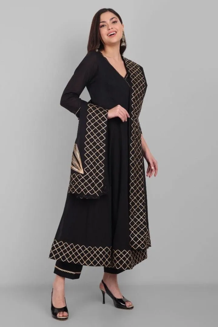 Amreen Gold and Black Angrakha with Handwork Dupatta - Set of 3