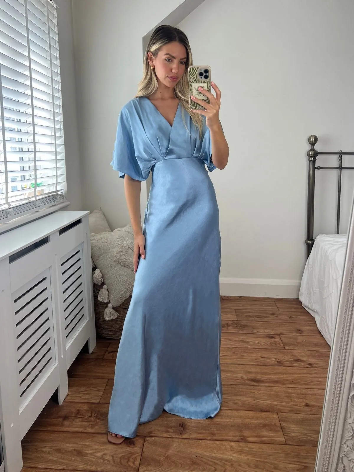 Angel Sleeve Maxi Satin Dress / Slate Blue