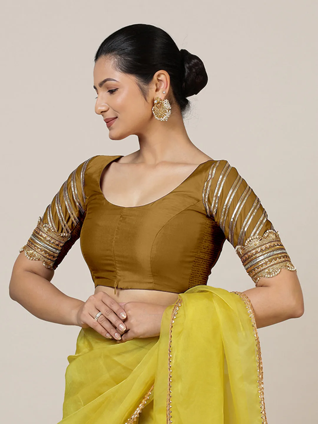 Anisha x Tyohaar | Elbow Sleeves Saree Blouse in Bronze Gold