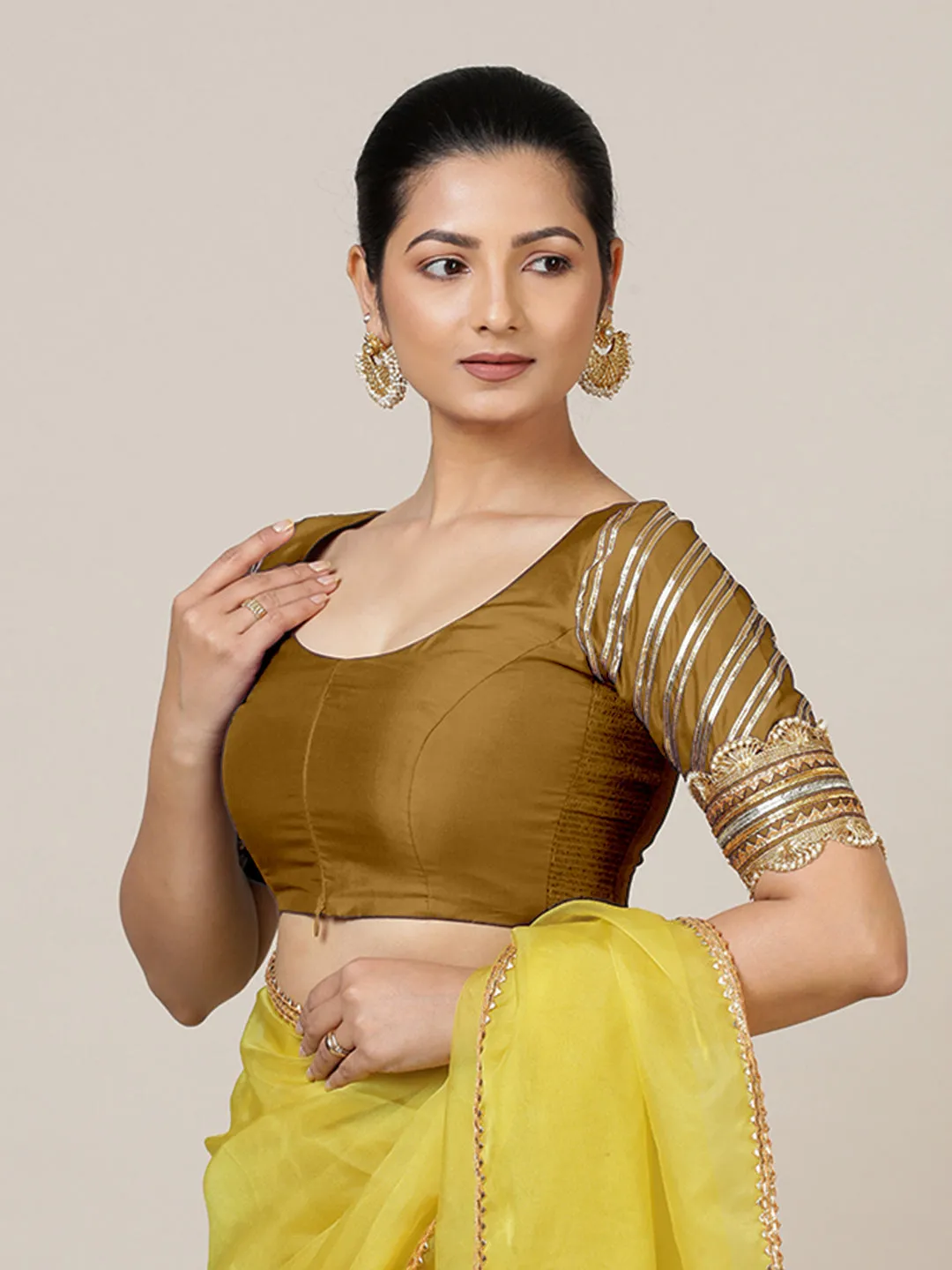 Anisha x Tyohaar | Elbow Sleeves Saree Blouse in Bronze Gold