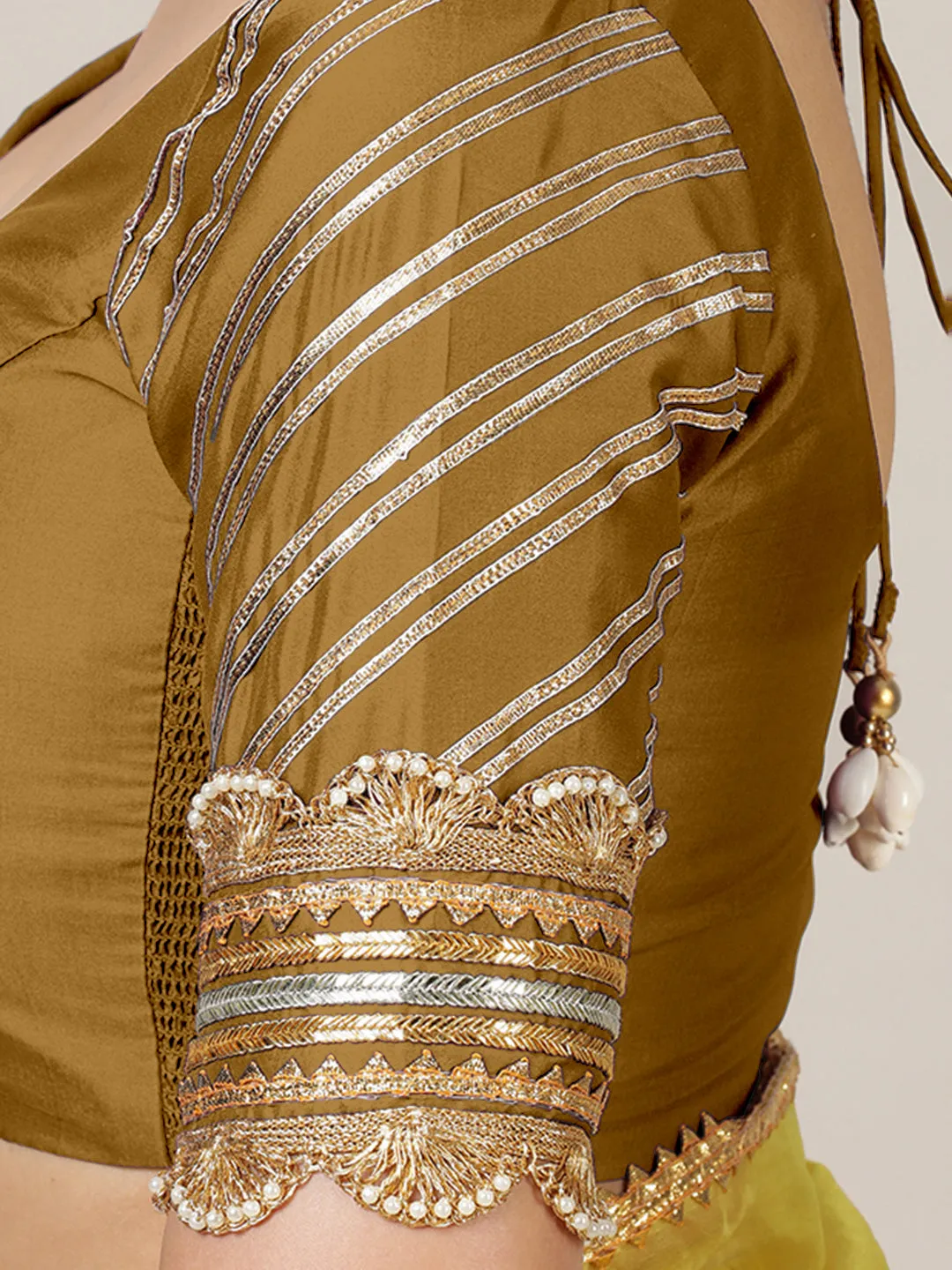 Anisha x Tyohaar | Elbow Sleeves Saree Blouse in Bronze Gold