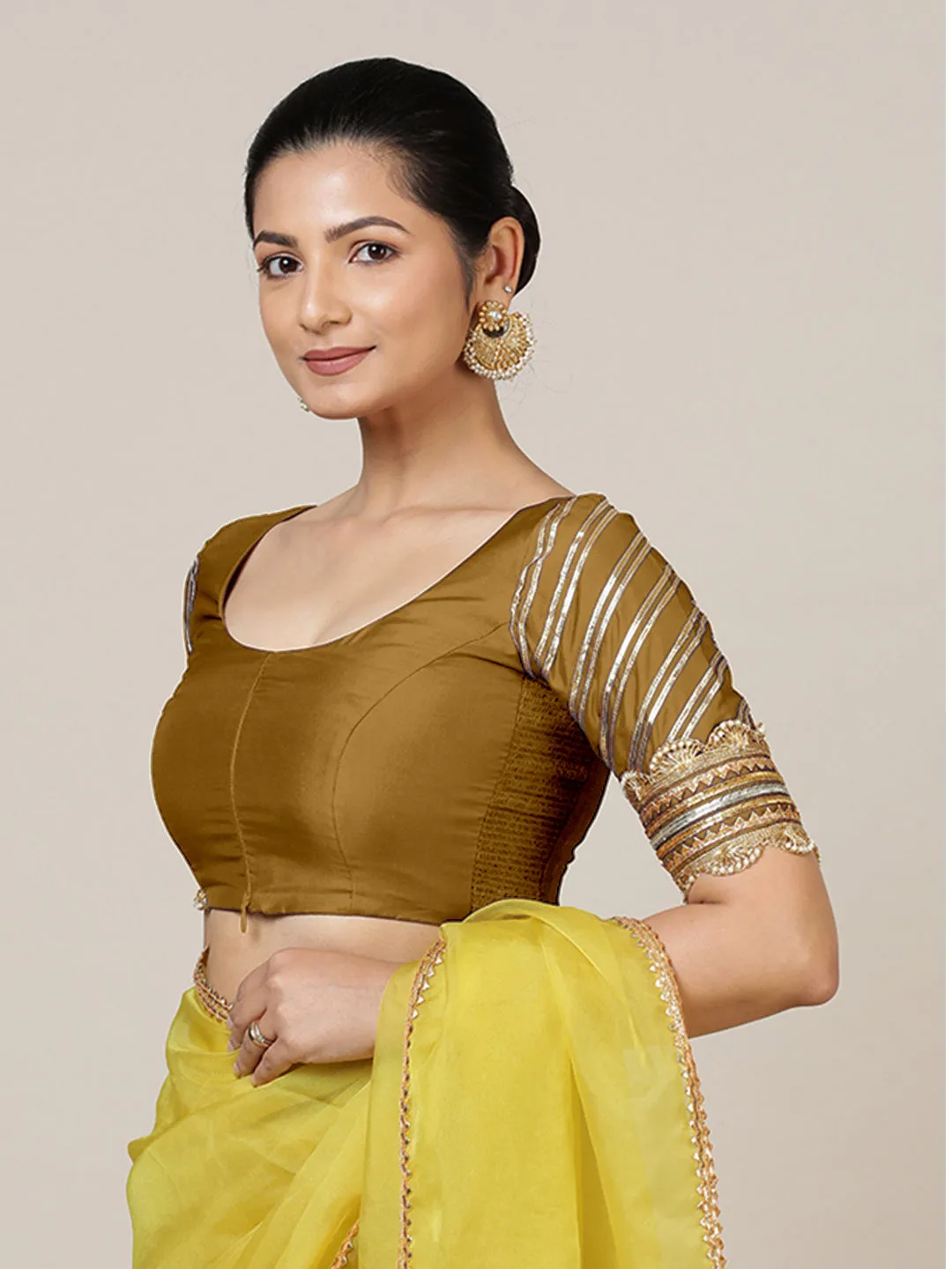 Anisha x Tyohaar | Elbow Sleeves Saree Blouse in Bronze Gold