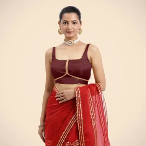 Arya x Tyohaar | Burgundy Sleeveless FlexiFit™ Saree Blouse with Square Neck and Back Window Embeliished with Golden Gota and Pearl Lace