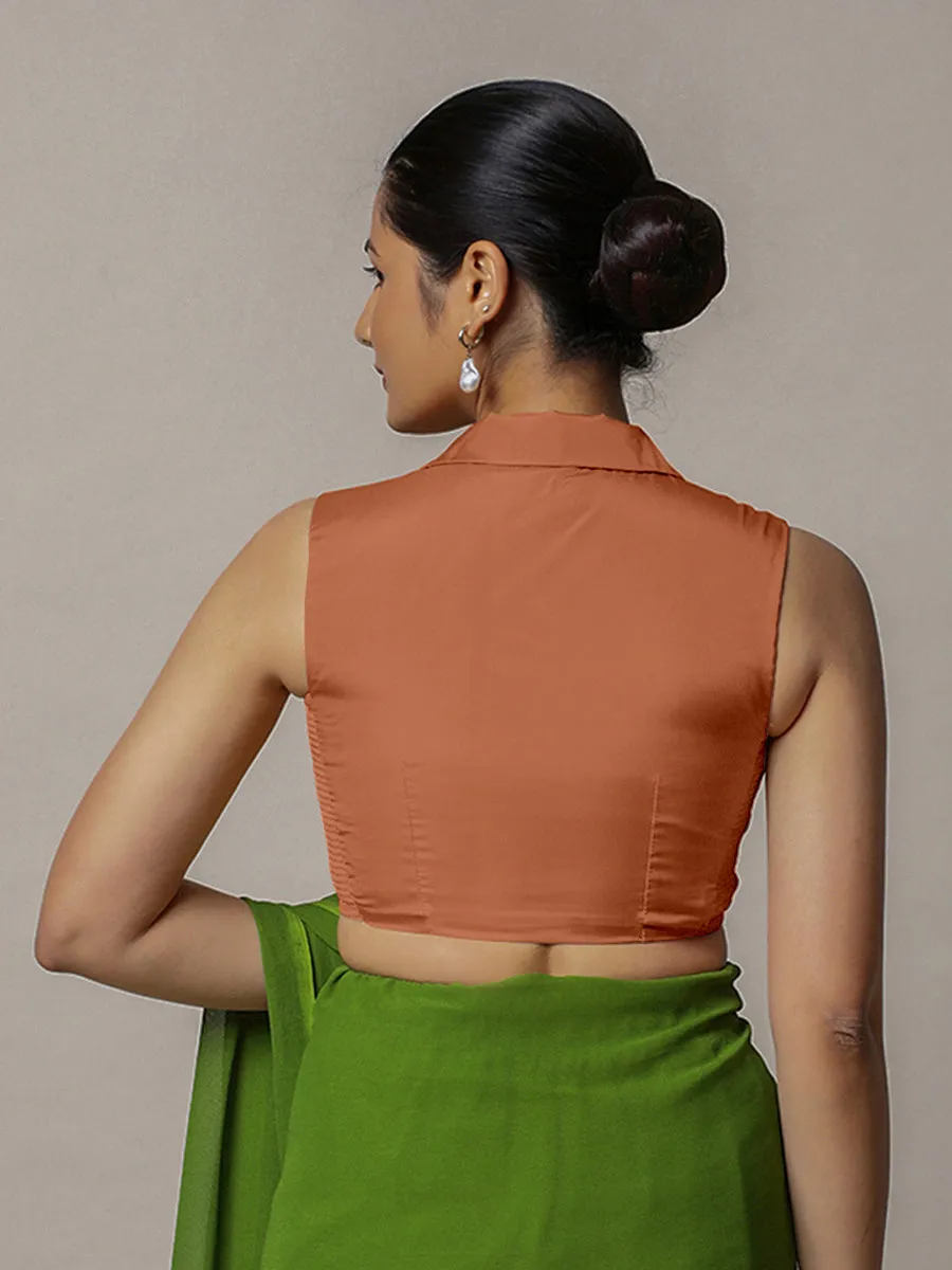 Avni x Rozaana | Metallic Copper Sleeveless FlexiFit™ Saree Blouse with Elegant Shawl Collar