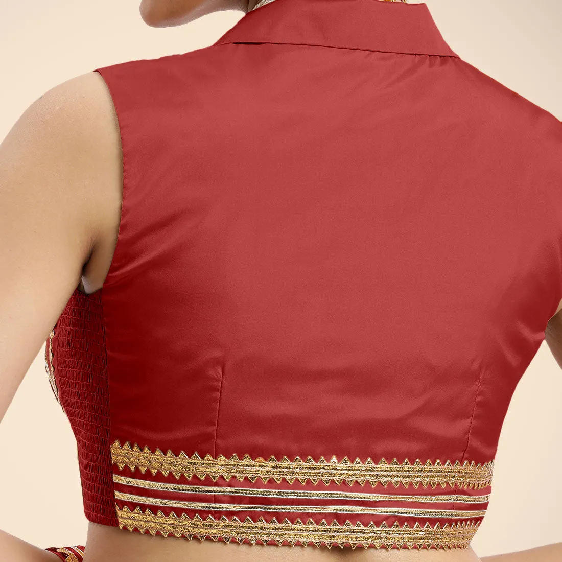 Avni x Tyohaar | Crimson Red Sleeveless FlexiFit™ Saree Blouse with Elegant Shawl Collar with Golden Gota Lace Embellishment