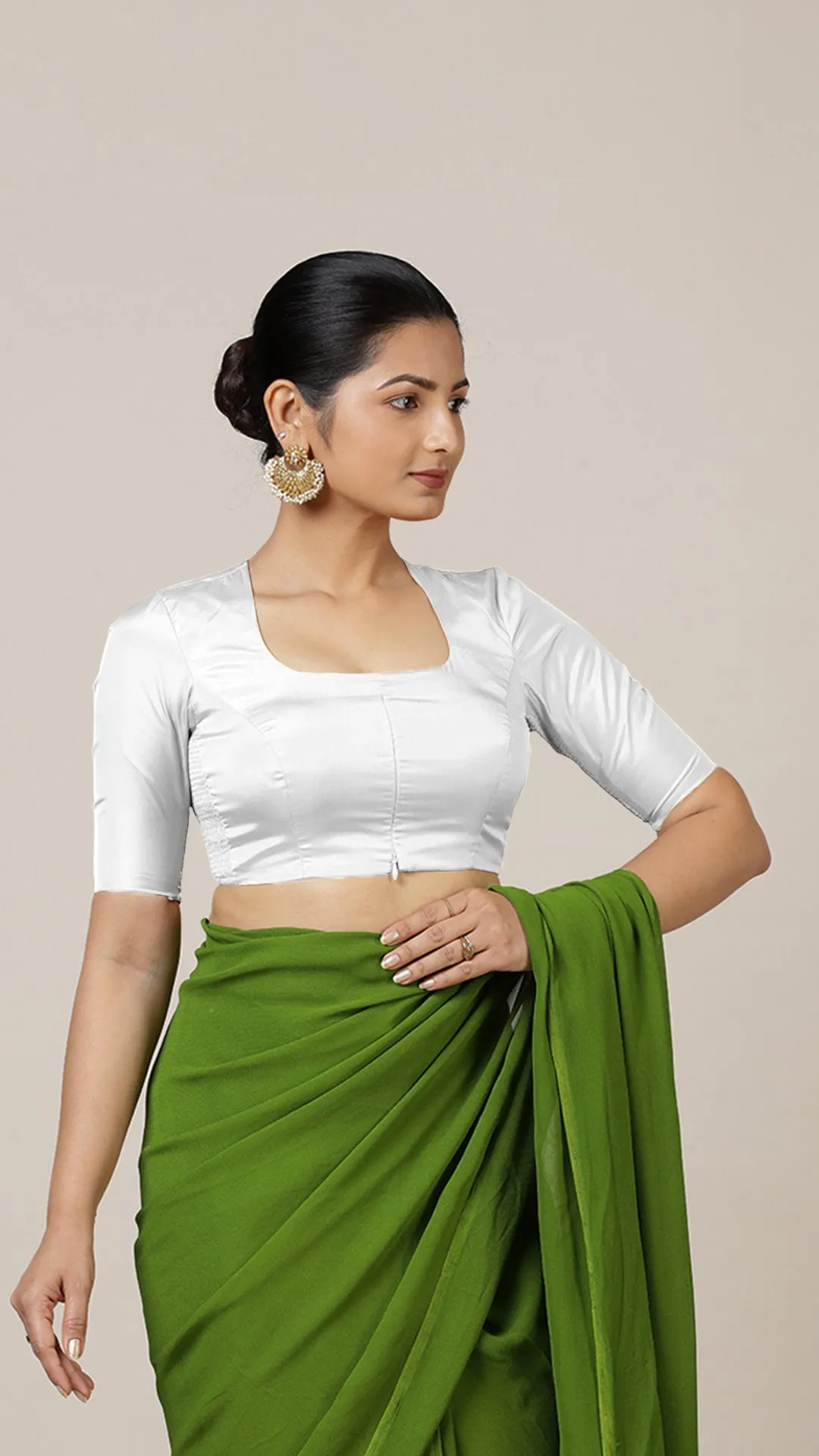 Aziza x Rozaana | Elbow Sleeves Saree Blouse in Pearl White