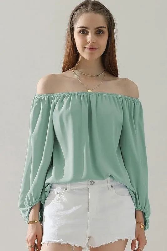 BALLON SLEEVE OFF SHOULDER CHIFFON BLOUSE