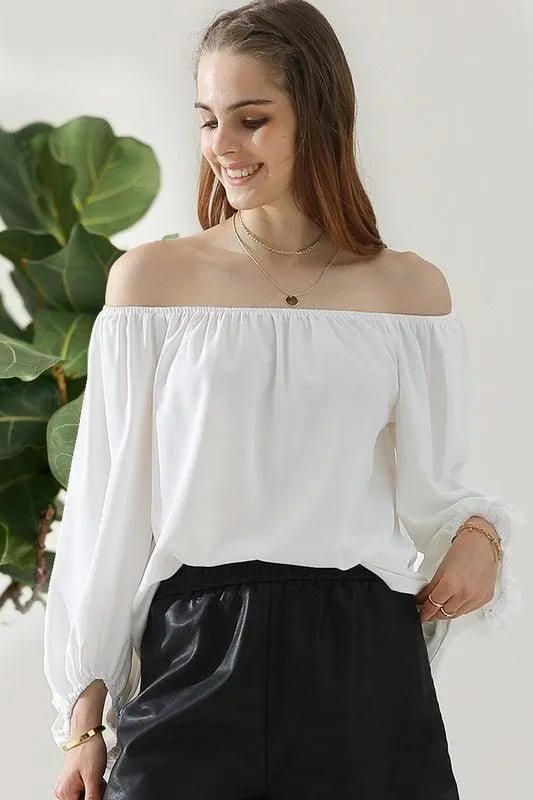 BALLON SLEEVE OFF SHOULDER CHIFFON BLOUSE