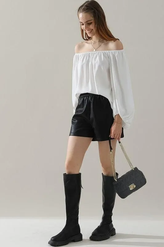 BALLON SLEEVE OFF SHOULDER CHIFFON BLOUSE