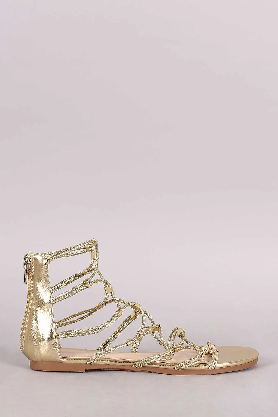 Bamboo Strappy Hardware Leather Flat Sandal