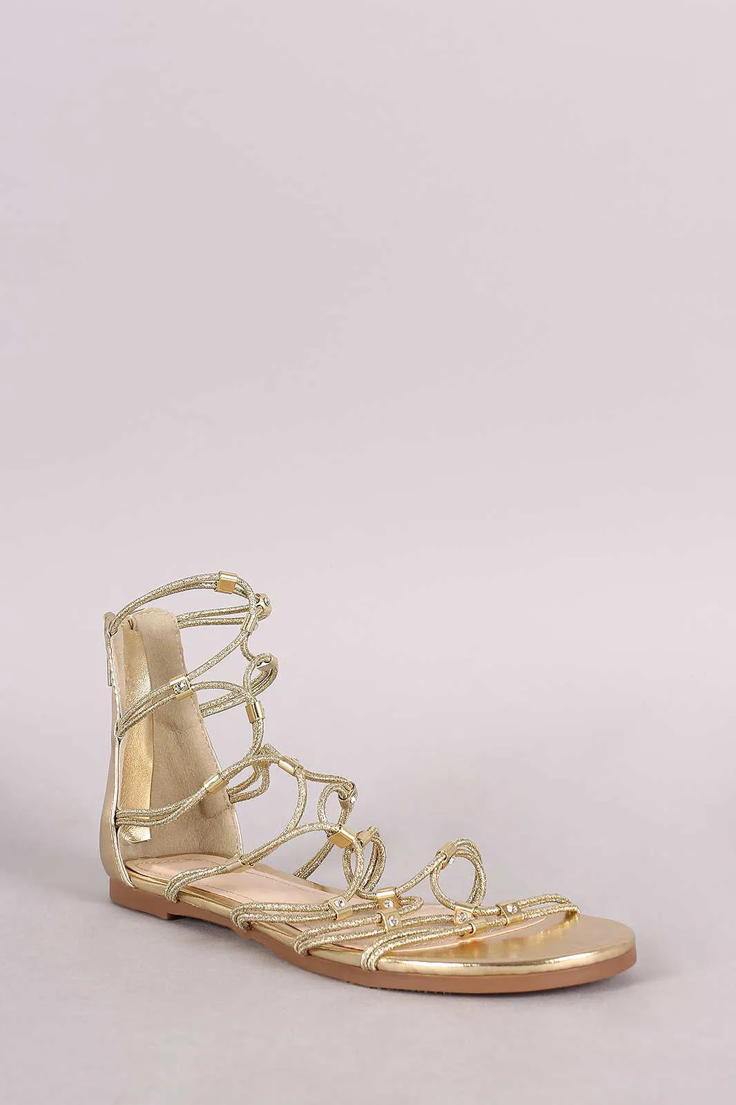 Bamboo Strappy Hardware Leather Flat Sandal