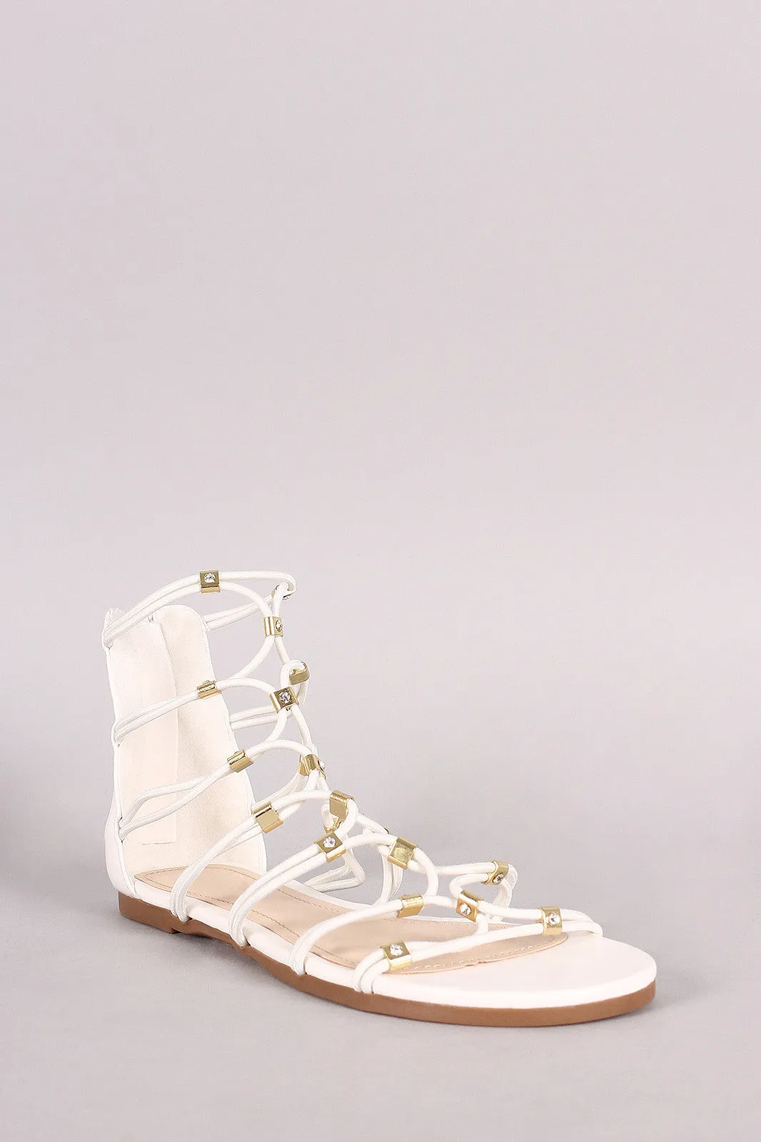 Bamboo Strappy Hardware Leather Flat Sandal