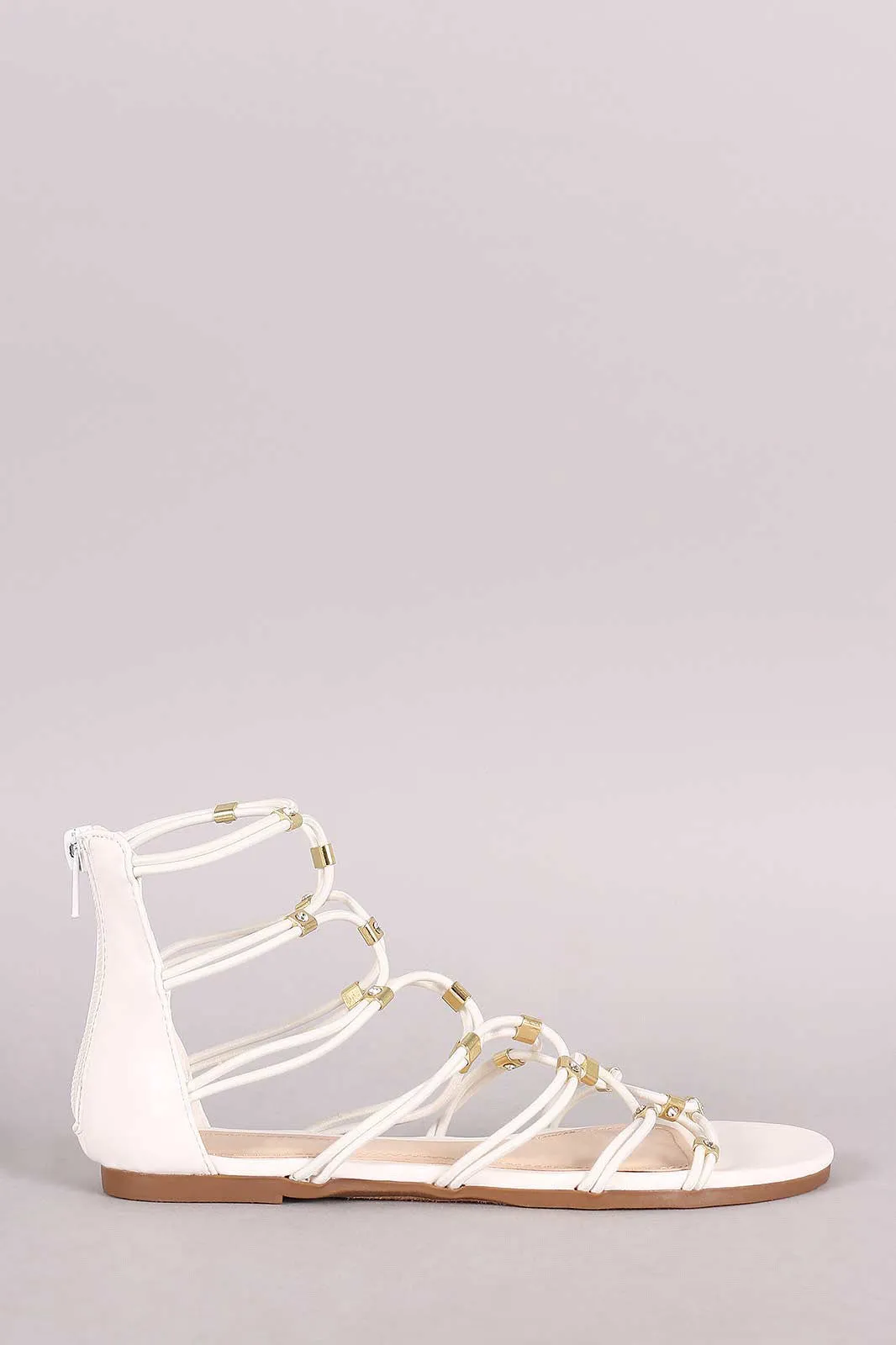 Bamboo Strappy Hardware Leather Flat Sandal