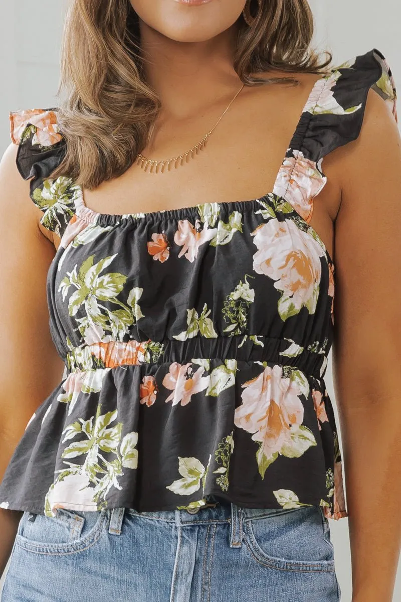 Black Floral Print Babydoll Top - FINAL SALE