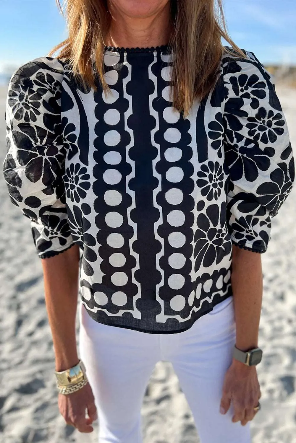 Black Floral Print Button-up Puff Sleeve Blouse