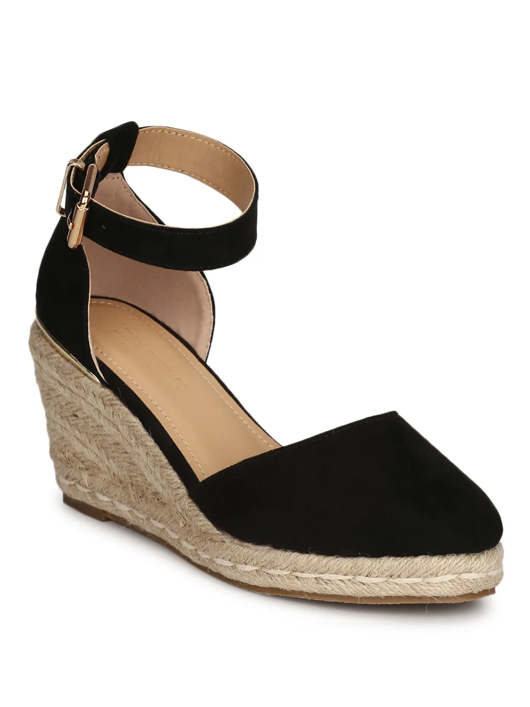 Black Micro Ankle Strap Jute Platform Wedges