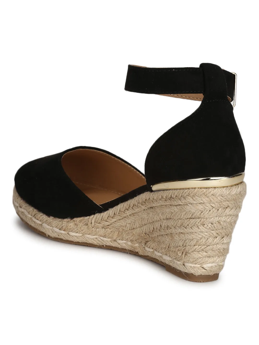 Black Micro Ankle Strap Jute Platform Wedges