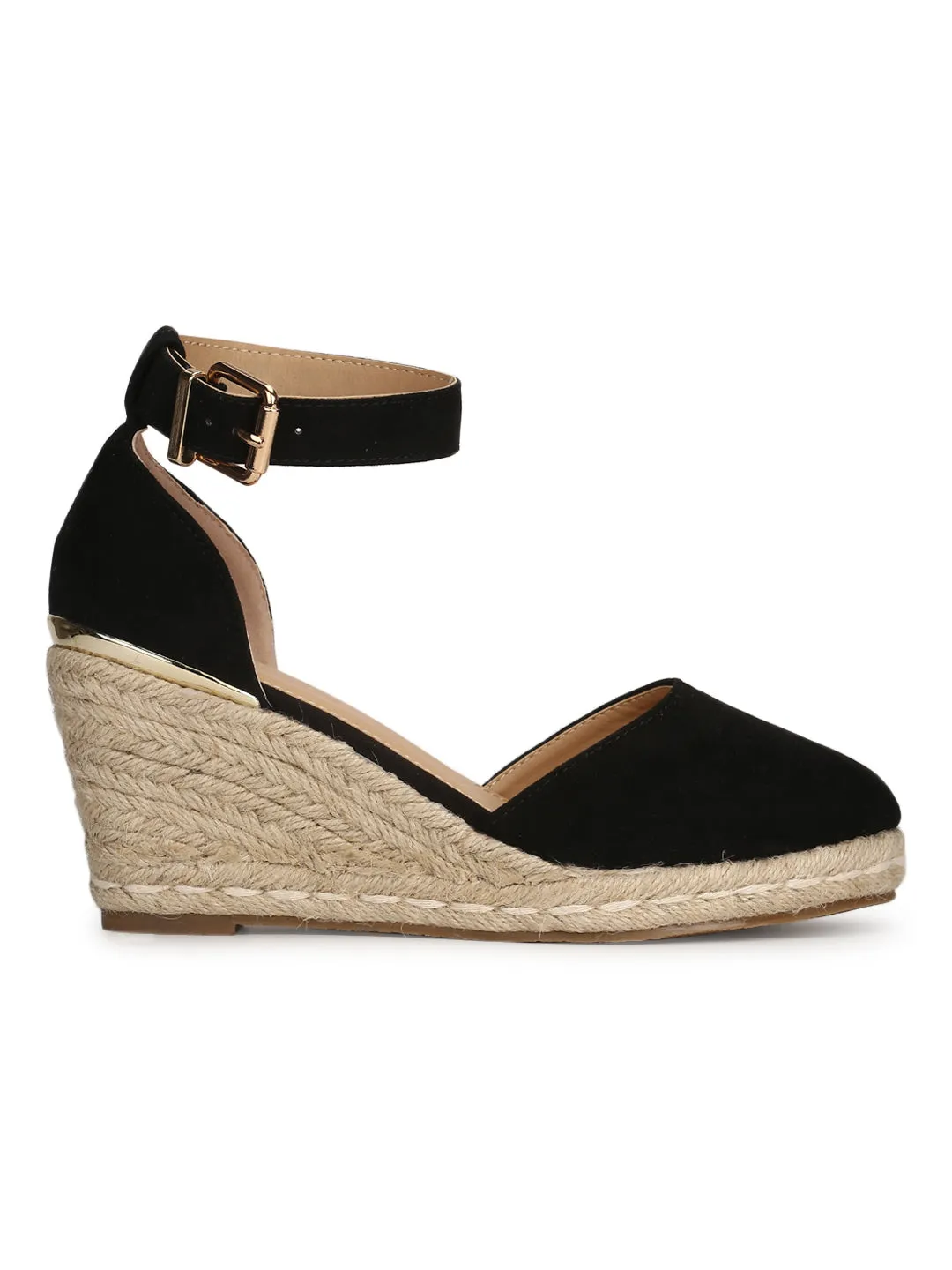 Black Micro Ankle Strap Jute Platform Wedges