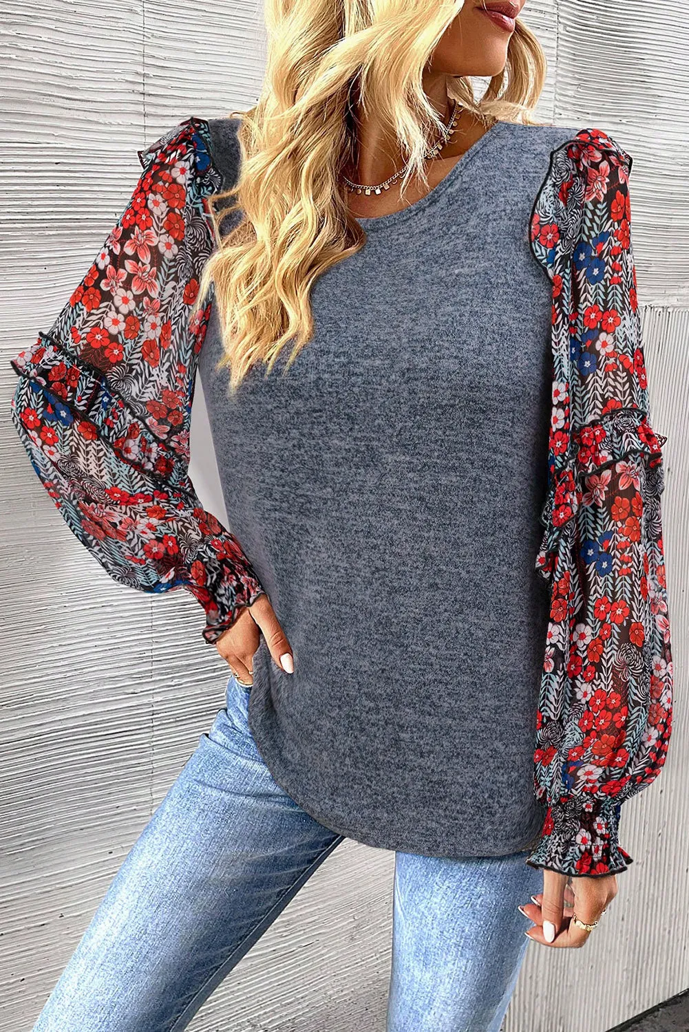 Blue Ruffle Tiered Floral Sleeve Crew Neck Blouse