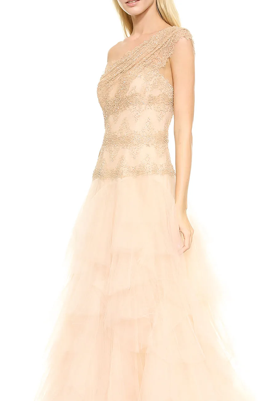 Blush One Shoulder Embellished Ball Gown