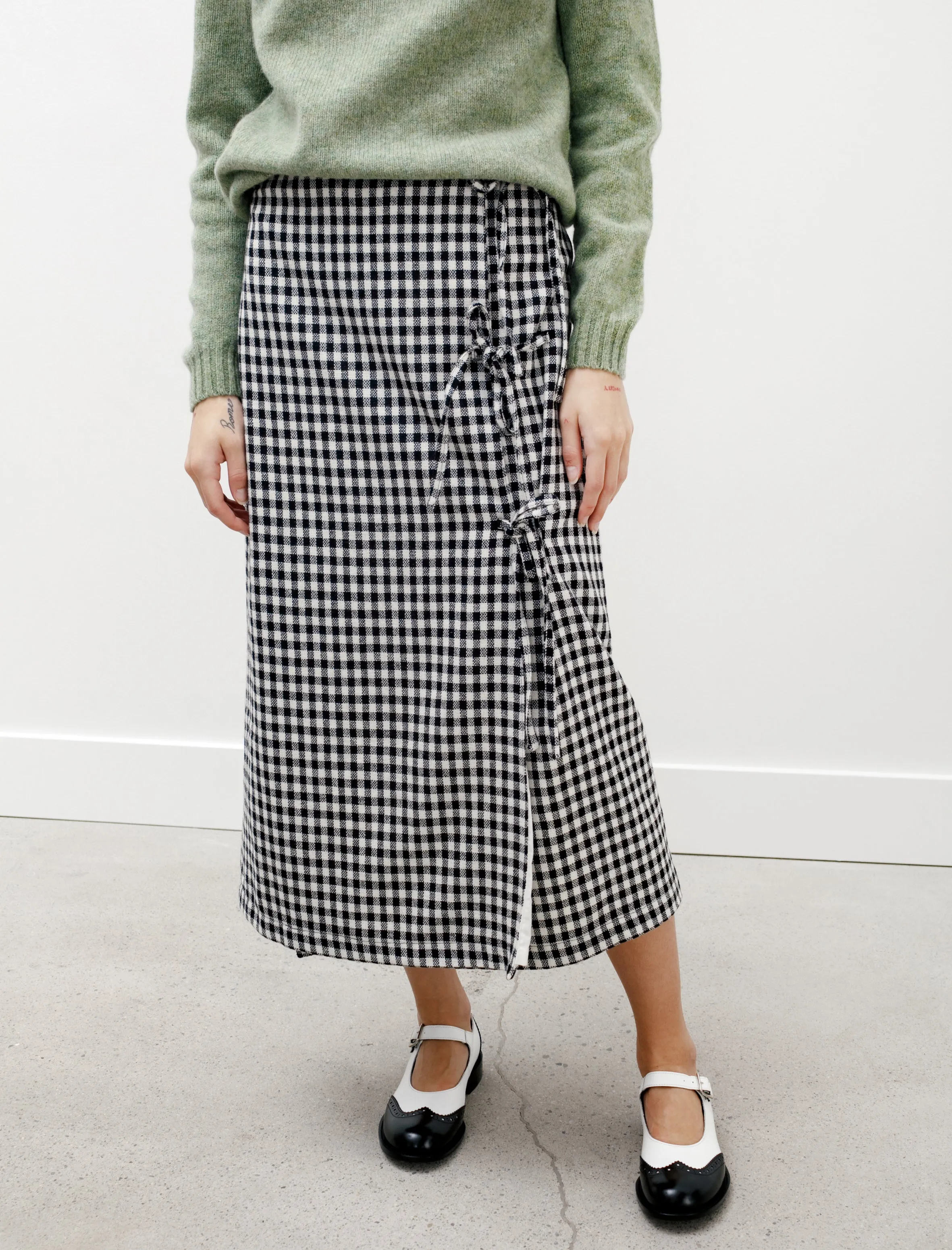 Bows Checked Wrap Skirt Black and White