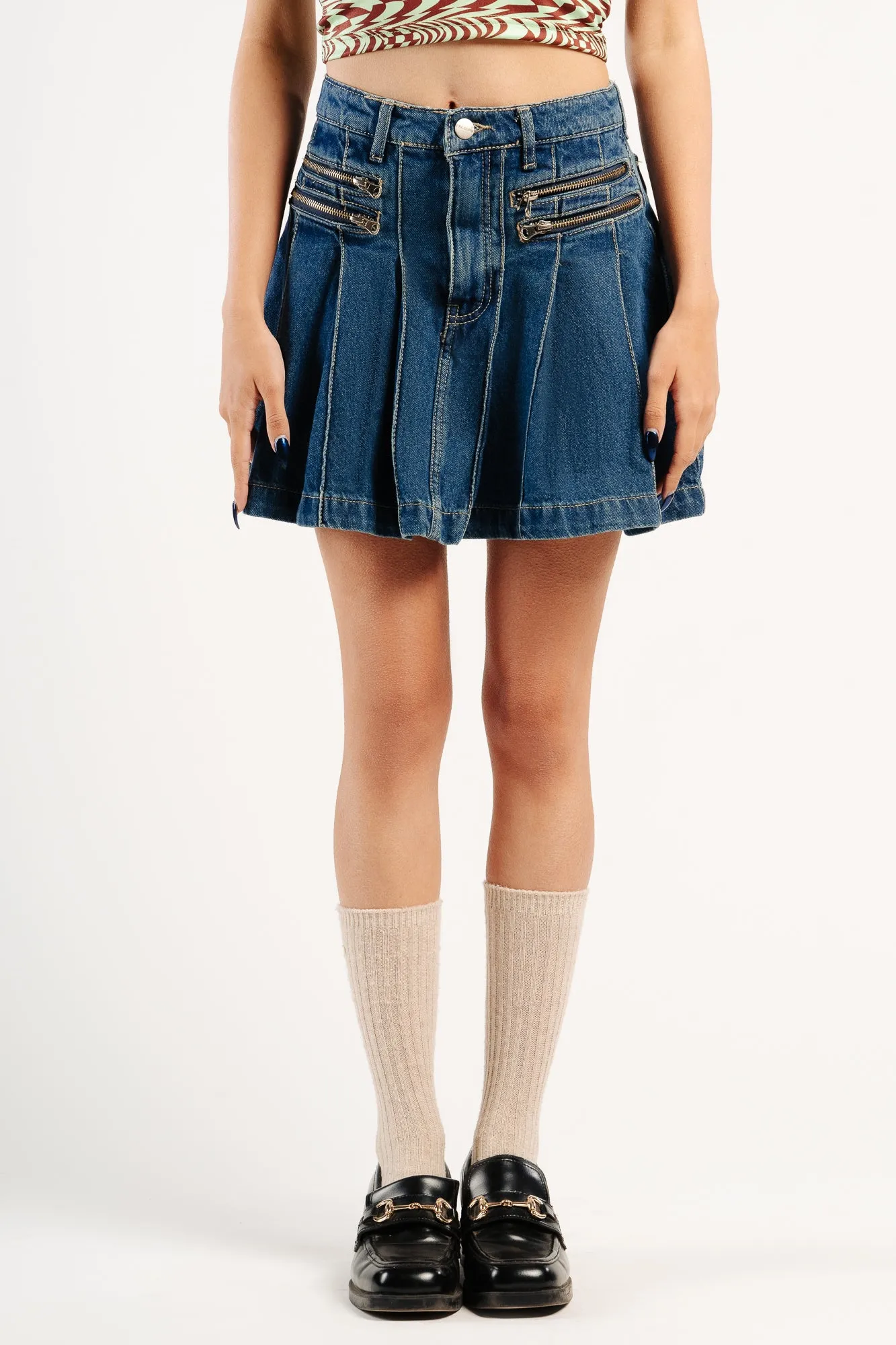 Box Pleated Witty Denim Skirt