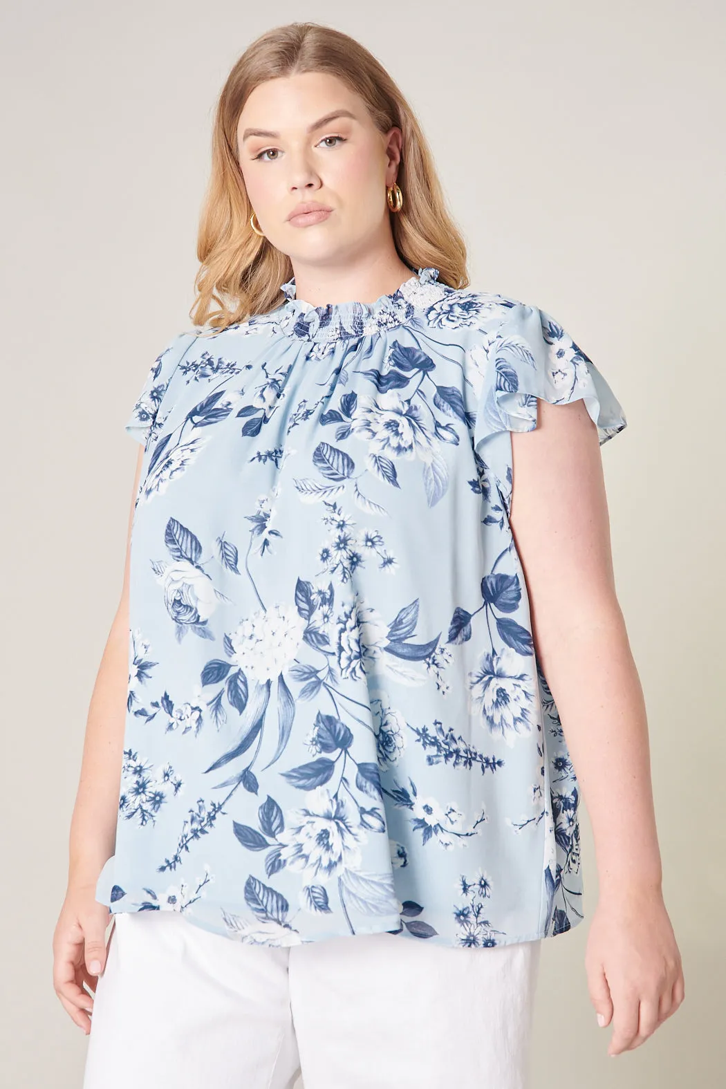 Cadaval Floral Mock Neck Flowy Blouse Curve