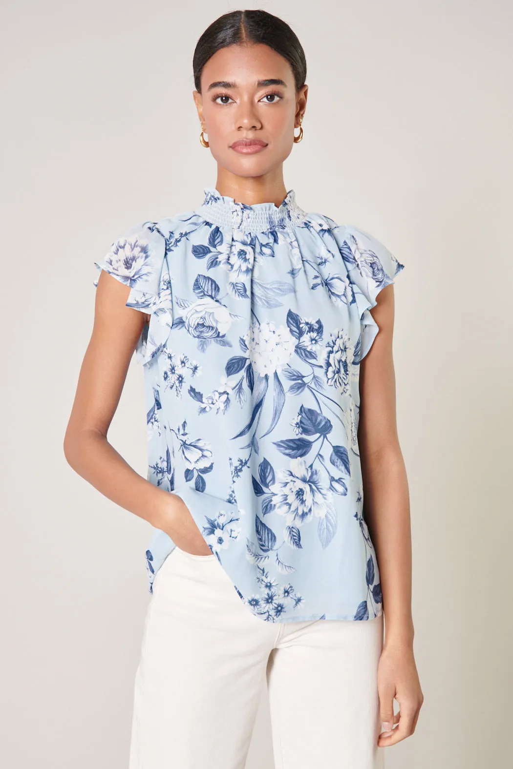 Cadaval Floral Mock Neck Flowy Blouse