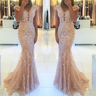 cap sleeve elegant evening dresses long mermaid lace appliqué beaded pink evening gowns