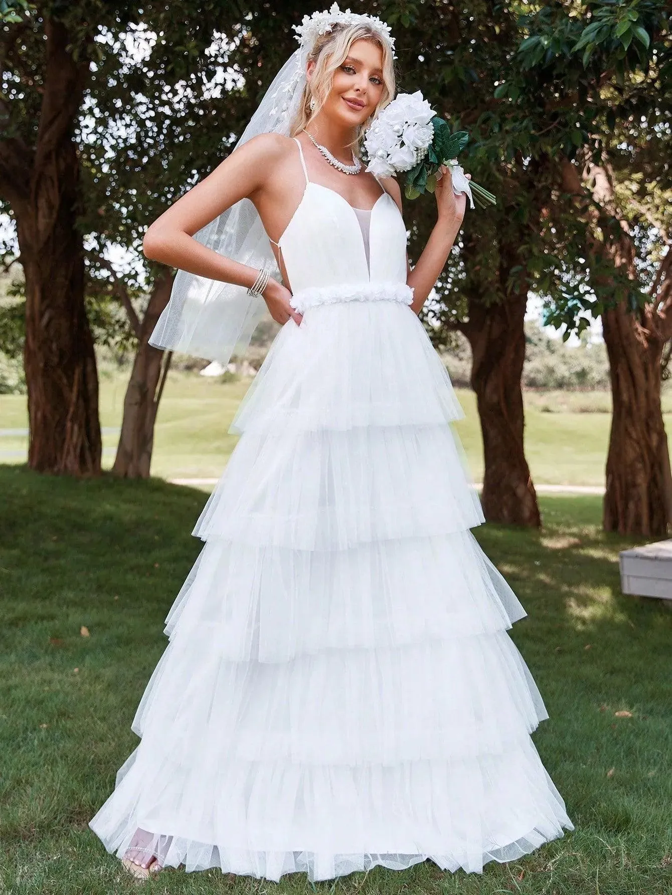 Cascading Ruffle Mesh Cami Wedding Dresses（Headpiece Not Included）