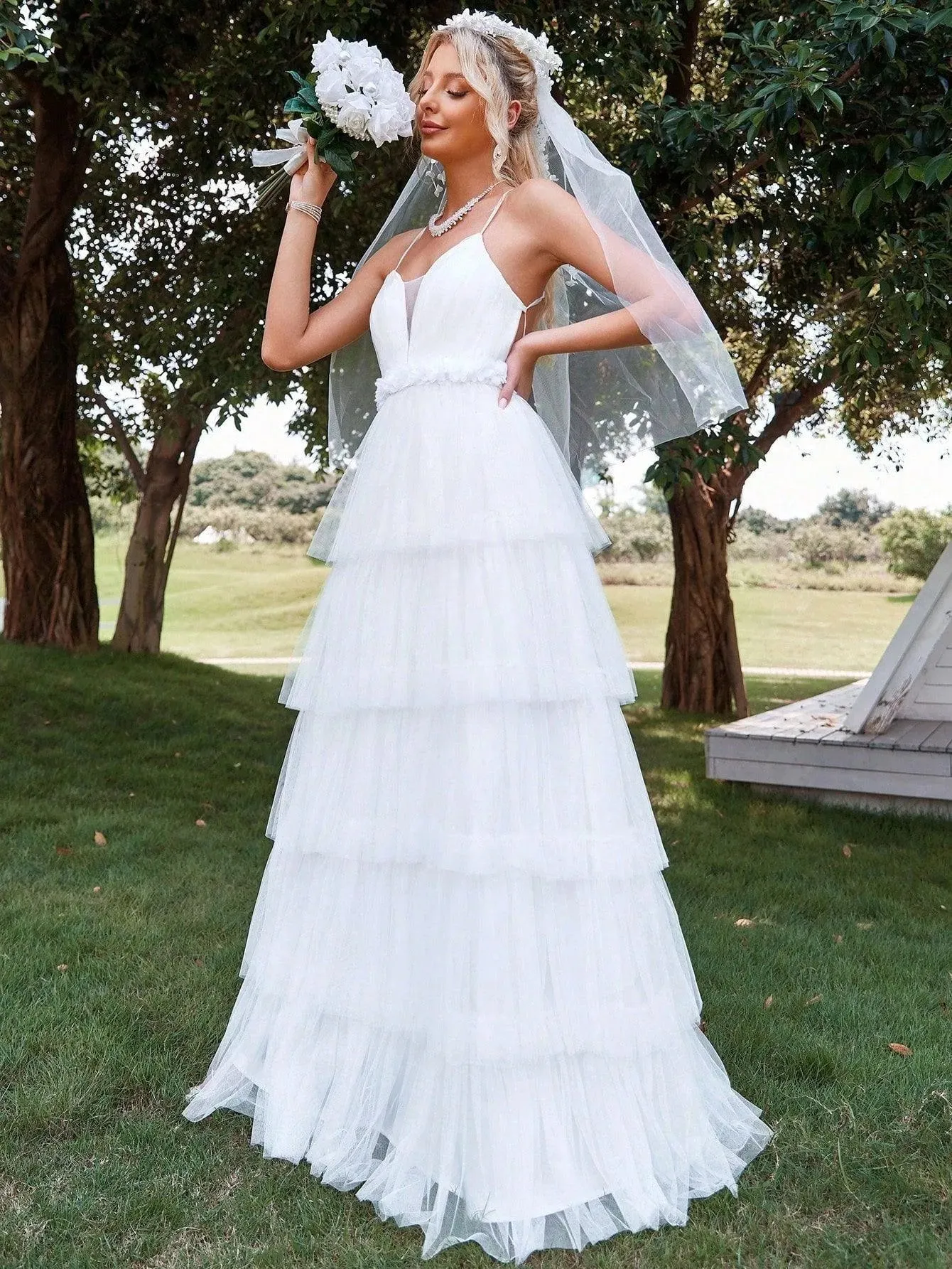 Cascading Ruffle Mesh Cami Wedding Dresses（Headpiece Not Included）