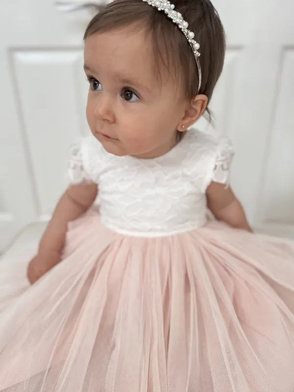 Celeste Girls Dress - White & Peach