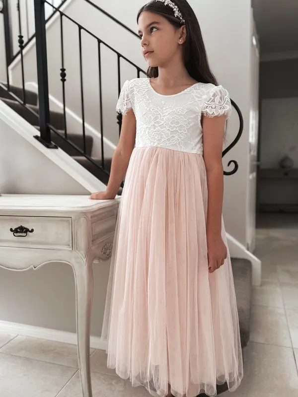 Celeste Girls Dress - White & Peach