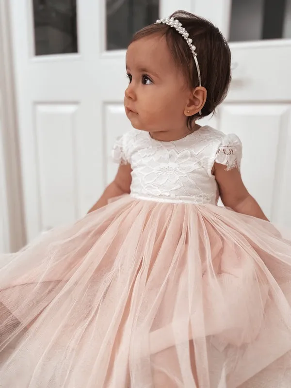 Celeste Girls Dress - White & Peach