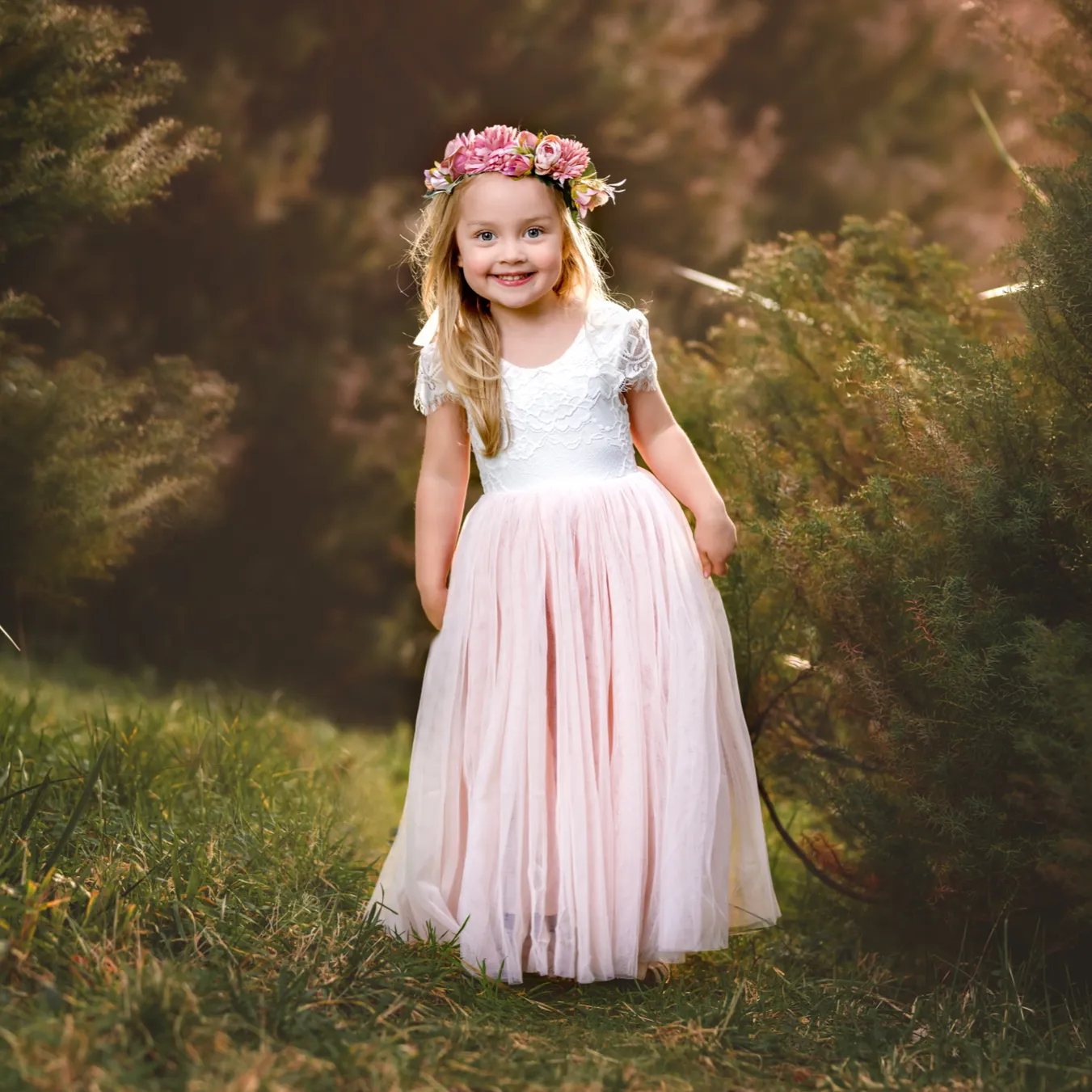 Celeste Girls Dress - White & Peach