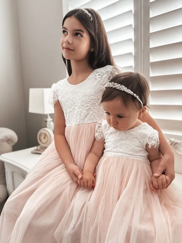 Celeste Girls Dress - White & Peach