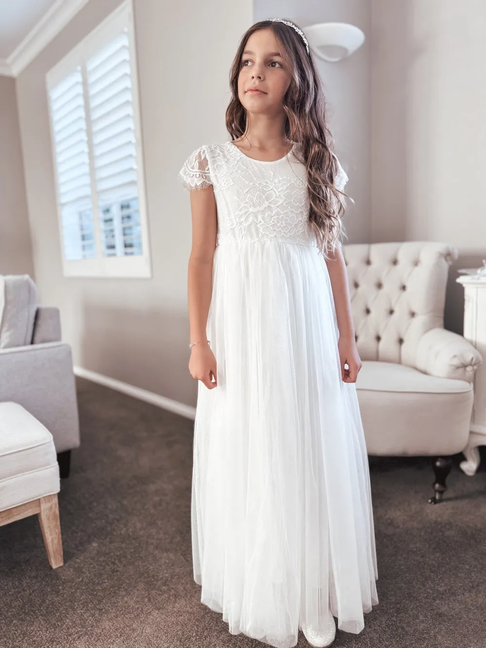 Celeste Girls White Lace & Tulle Dress