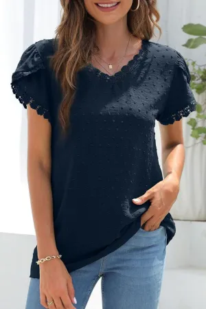 CHIFFON DOT TULIP SLEEVE LACE POINT TOP